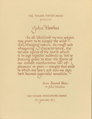 Item #286270 The Folger Poetry Series Presents John Hawkes (broadside. John Hawkes, Folger...