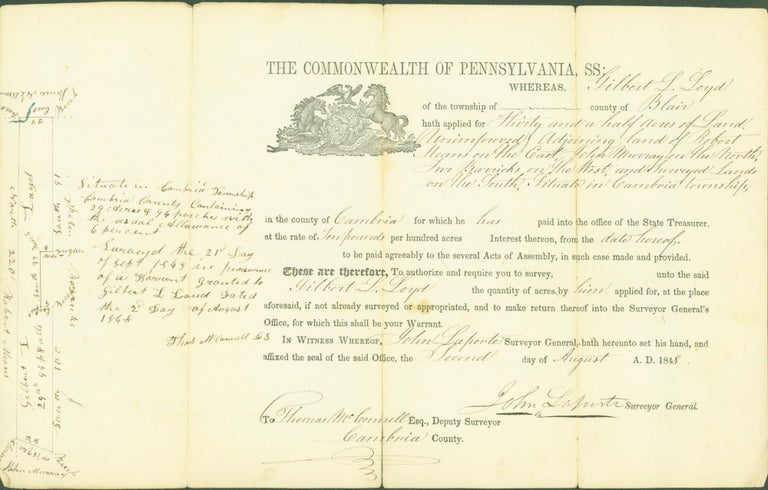 Item #286502 Land purchase agreement, Commonwealth of Pennsylvania, 1848 by Gilbert L. Loyd. Gilbert L.. John Laporte . Thomas McConnell Loyd, surveyor general, deputy surveyor.