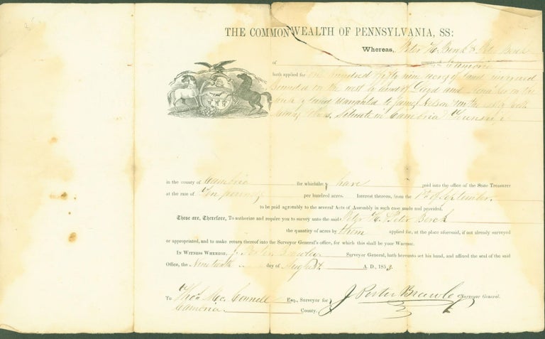 Item #286503 Land purchase agreement, The Commonwealth of Pennsylvania, for Peter Berek and wife, county of Cambria, 1853. Peter Berek, Thos. McConnell wife. J. Porter Brawley, surveyor general, deputy surveyor.