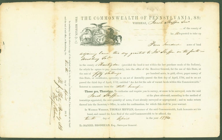 Item #286504 Land purchase agreement, The Commonwealth of Pennsylvania, 1794, copied April 10, 1853, for Jacob Shaffer Snr. Jacob. J. Porter Brawley Shaffer, by Tho. J. Rohner, surveyor general.