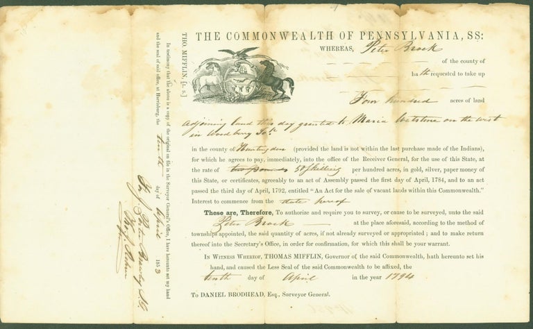 Item #286506 Land purchase agreement, The Commonwealth of Pennsylvania, for Peter Brock, 1794, copied 1853. Peter. J. Porter Brawley by Tho. J. Rohner Brock, surveyor general.