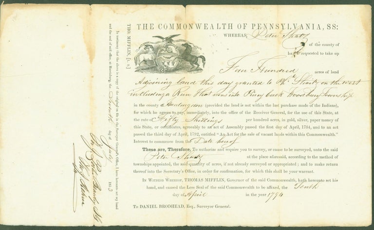 Item #286513 Land purchase agreement The Commonwealth of Pennsylvania, for Peter Shatz, 1794, copied 1853. Peter. J. Porter Brawley by Tho. J. Rohner Shatz, surveyor general.