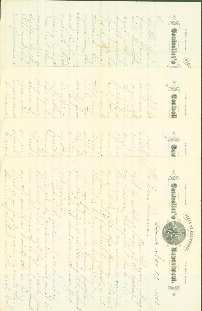 Item #286639 Autograph letter signed. 1885. C. P. Dunn, State of California controller.