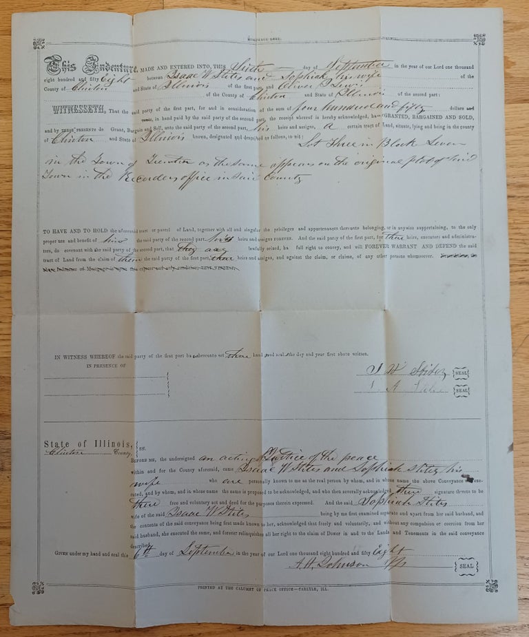 Item #286661 Indenture between Isaac W. Stiles and Sophiah his wife and Oliver J. Lewis, September 6, 1858, Trenton, County of Clinton, State of Illinois. Isaac Stiles, Sophiah, Clinton County Oliver J. Lewis. Trenton, Illinois.