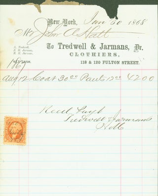 Item #286678 Tredwell & Jarmans Clothiers, 118 & 120 Fulton Street, New York, Jan 30, 1868...