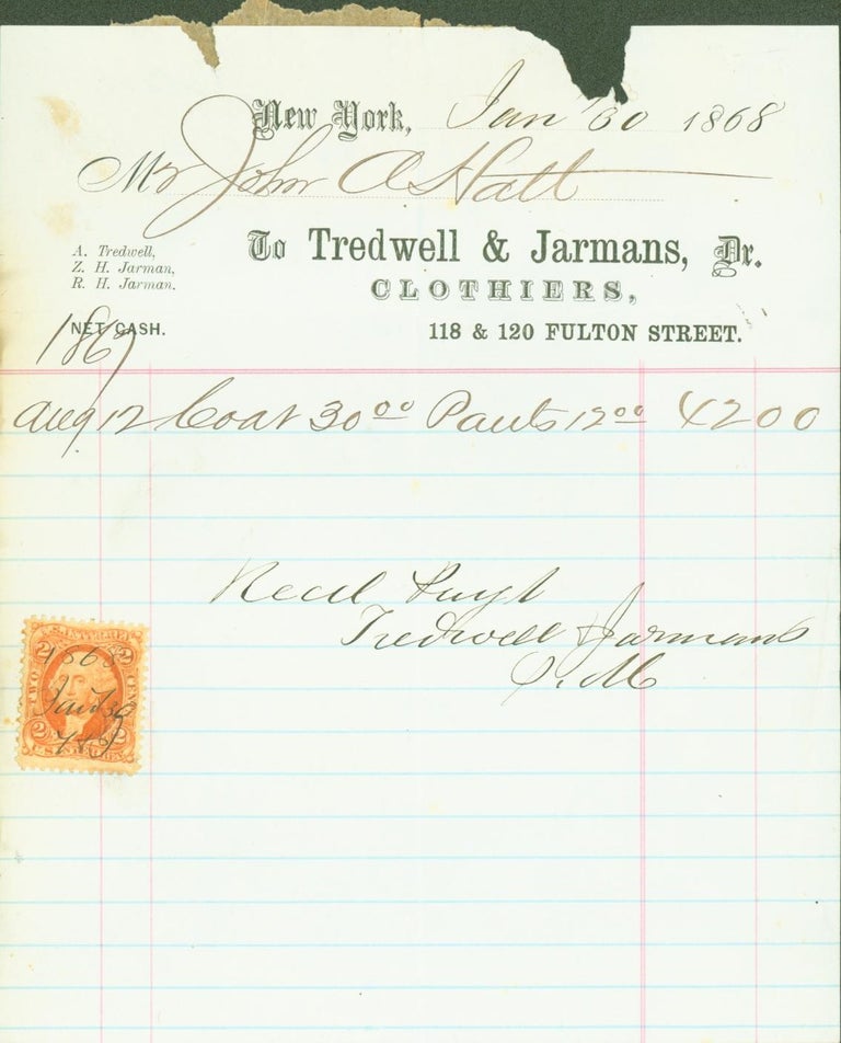 Item #286678 Tredwell & Jarmans Clothiers, 118 & 120 Fulton Street, New York, Jan 30, 1868 (billhead). Tredwell, Jarmans.