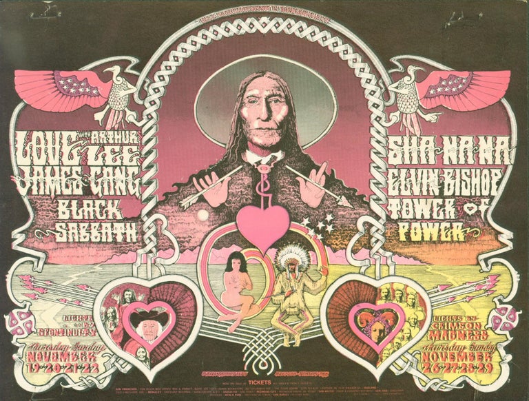Item #286684 Love with Arthur Lee, James Gang, Black Sabbath, Sha Na Na, Elvin Bishop Tower of Power (Bill Graham 1970 #257-258 Norman Orr postcard). Norman . Bill Graham Orr, artist.