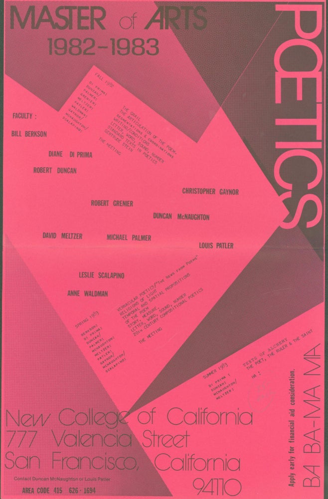 Item #288119 Master of Arts: Poetics, New College of California 1982-1983 (poster). Robert. New College of California Duncan.
