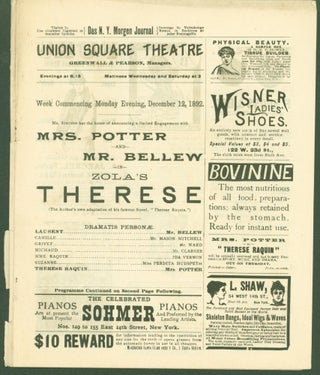 Item #288294 Union Square Theatre programme, Week Commencing Monday Evening, December 12, 1892,...