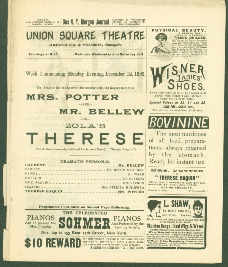 Item #288294 Union Square Theatre programme, Week Commencing Monday Evening, December 12, 1892, in Zola's Therese. Emile Zola, Mrs. Potter, Mr. Bellew . Greenwall, Pearson, starring, managers.