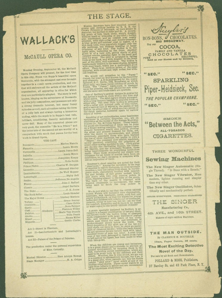 Item #288299 Wallack's Theatre Program Monday Evening, August 29, 1888, MaCaull Opera Company...Lorraine. Rudolph . Jno. A. McCaull Dellinger, proprietor and manager, author.