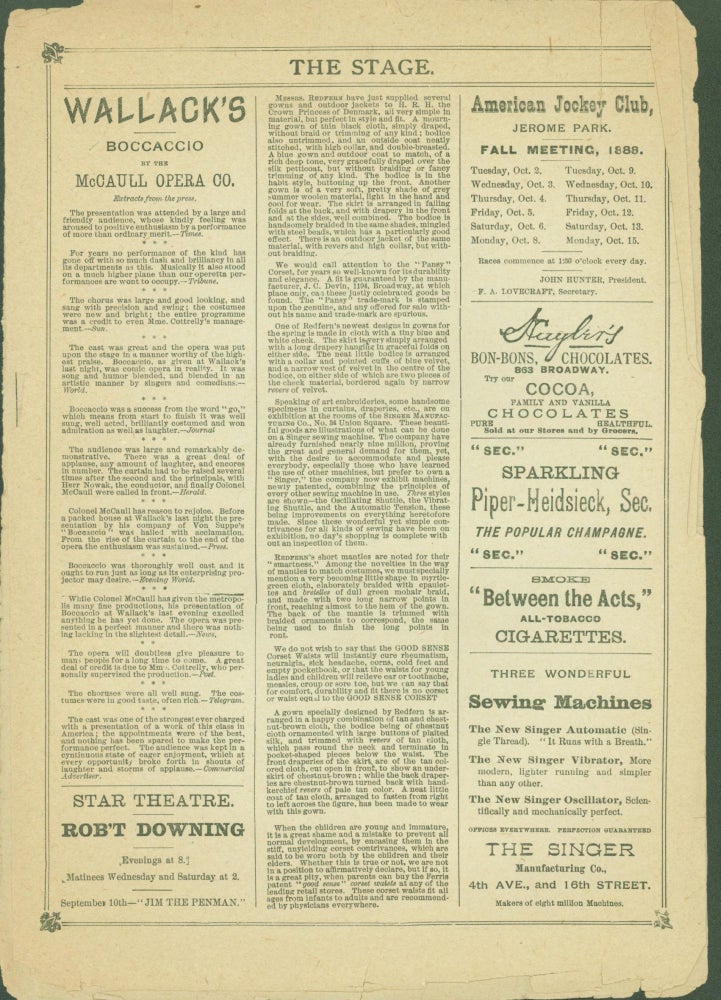 Item #288300 Wallack's Theatre Program, Monday Evening, September 3, 1888, McCaull Opera Company presenting...Franz von Suppe's...Boccaccio. libretto, music, Franz von . Jno. A. McCaull Suppe, proprietor and manager.