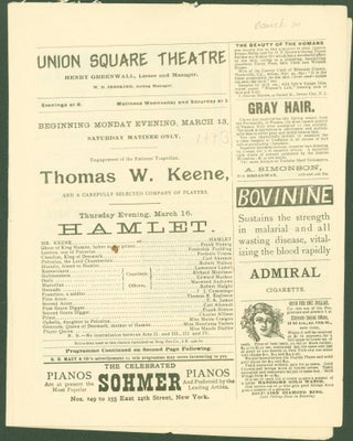 Item #288304 Union Square Theatre programme, presenting Hamlet, starring Thomas W. Keene,...