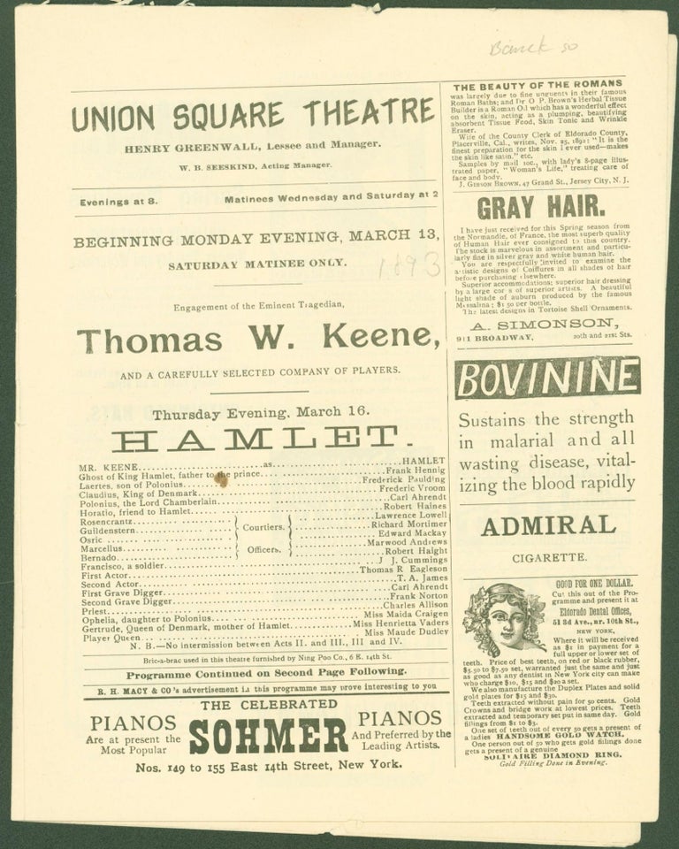 Item #288304 Union Square Theatre programme, presenting Hamlet, starring Thomas W. Keene, Thursday evening, March 16, (1893). leasee, manager, actor, acting manager.