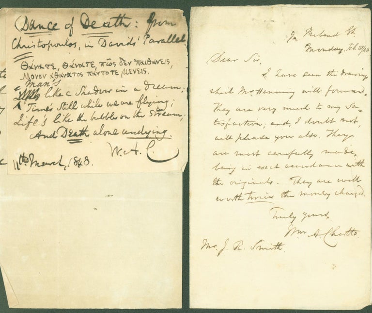 Item #289347 autograph letter signed; with autograph copied poem signed (2 pieces). William A. Chatto.