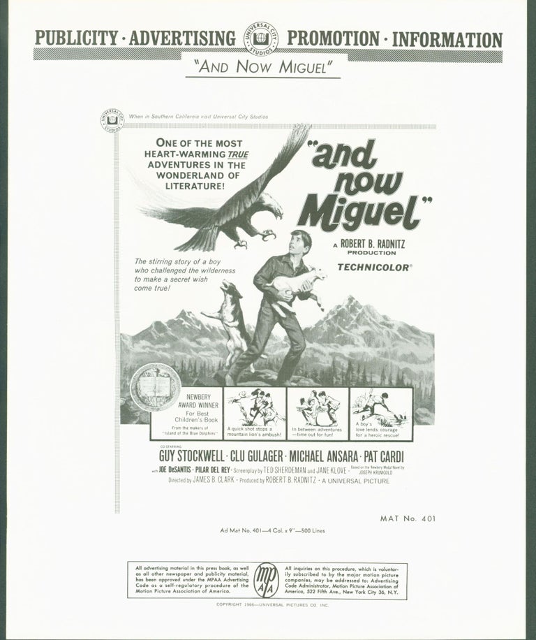 Item #289770 'and now Miguel' (publicity, advertising, promotion information) (1966 movie). Ted Sherdeman, Jane Klove . James B. Clark . Roberty B. Radnitz, screenwriters, director, producer.