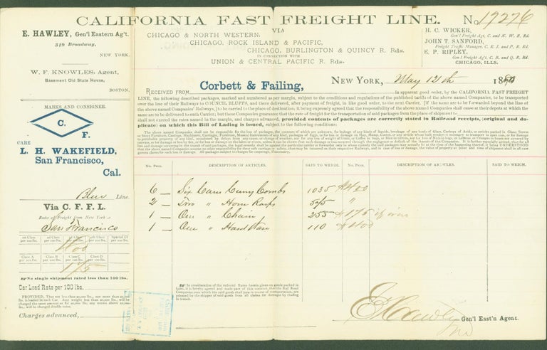 Item #289971 California Fast Freight Line (received from Corbett & Failing, New York, shipped to L. H. Wakefield, San Francisco) (bill of lading). E. Hawley, general eastern agent.