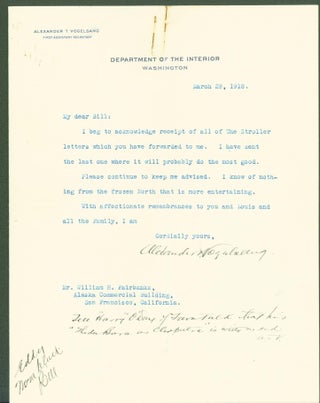 Item #289983 typed letter signed. Alexander T. to William H. Fairbanks Vogelsang, forwarded to...