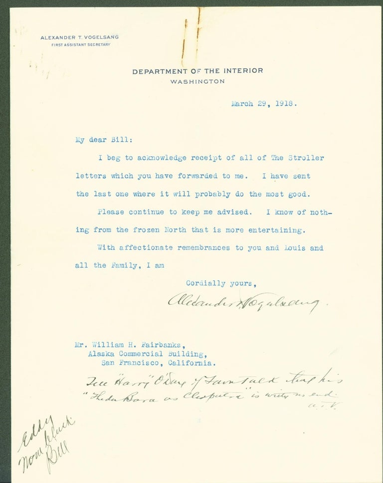 Item #289983 typed letter signed. Alexander T. to William H. Fairbanks Vogelsang, forwarded to Edward O'Day.