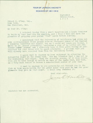 Item #289987 typed letter signed by secretary. James K. to Edward F. O'Day Hackett
