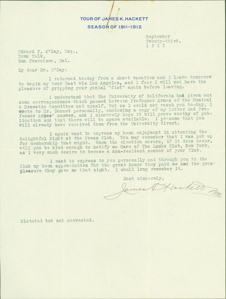 Item #289987 typed letter signed by secretary. James K. to Edward F. O'Day Hackett.