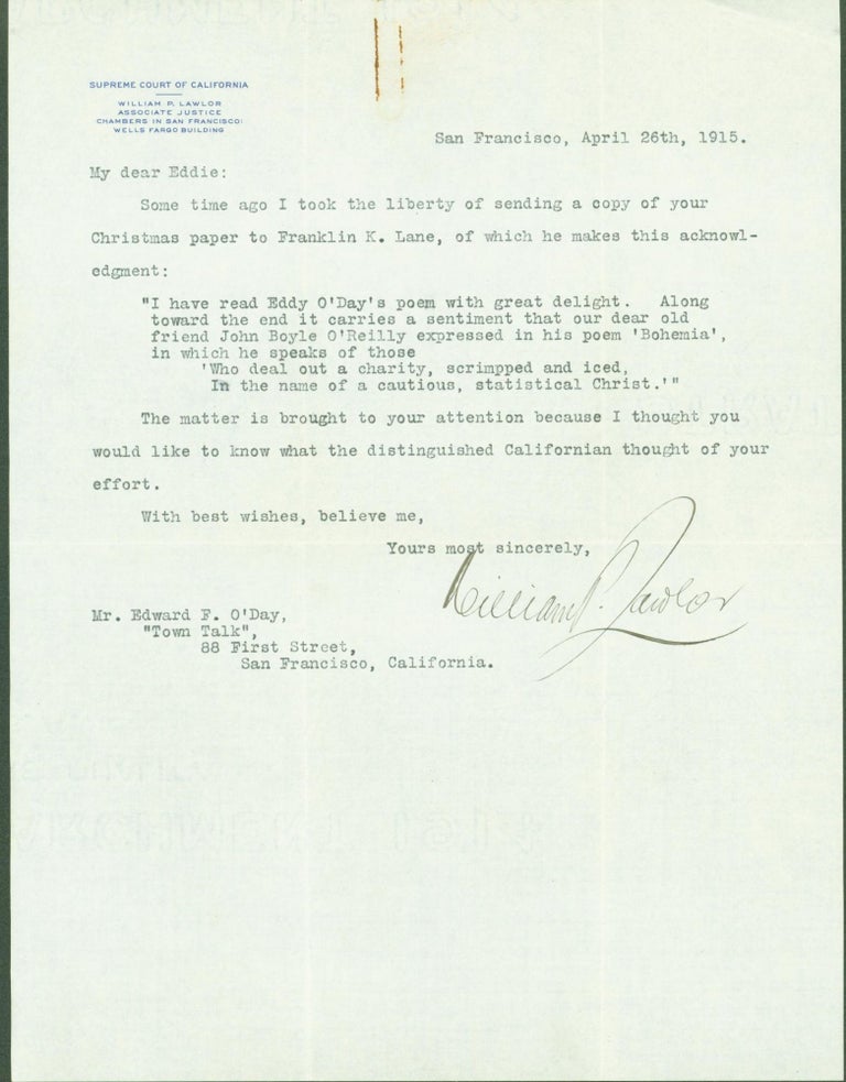 Item #289989 typed letter signed. William P. to Edward F. O'Day Lawlor.