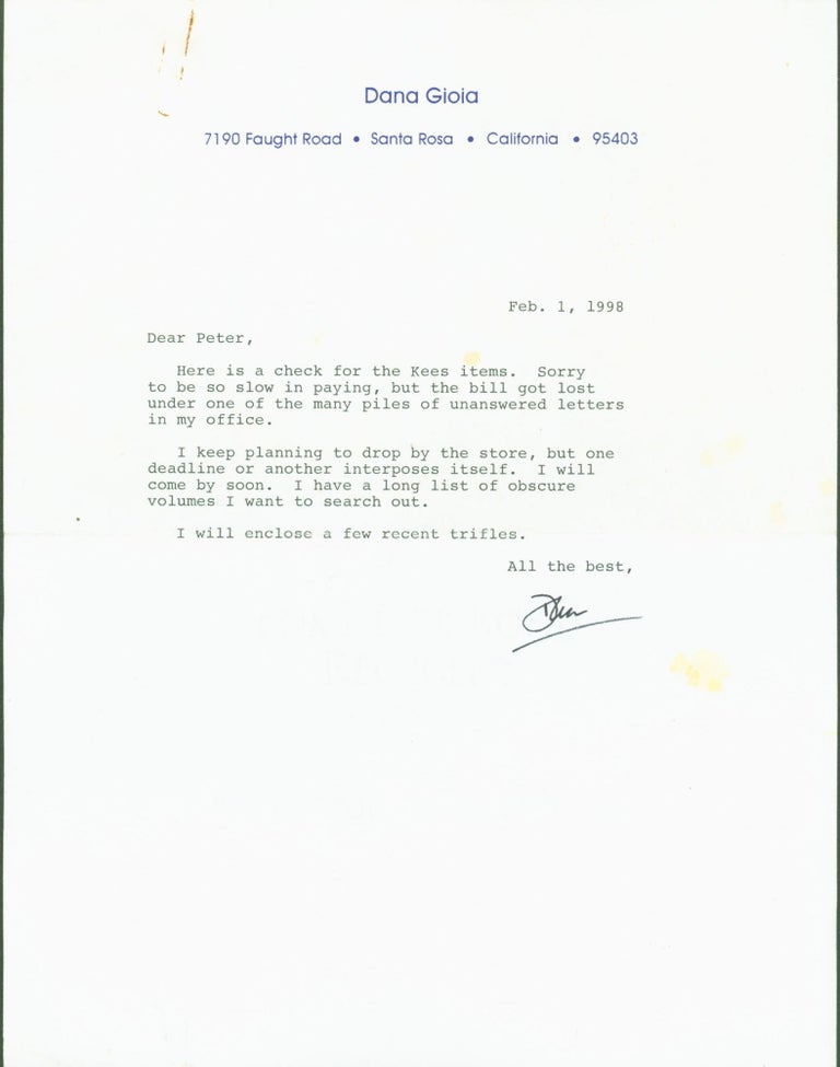 Item #290027 typed letter signed. Dana to Peter Howard Gioia.