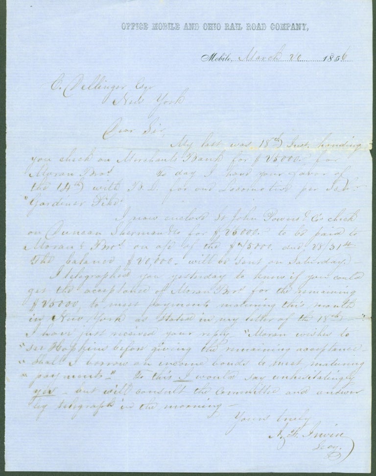 Item #290522 Autograph letter signed. A. F. . Mobile Irwin, Ohio Rail Road Company, secretary.