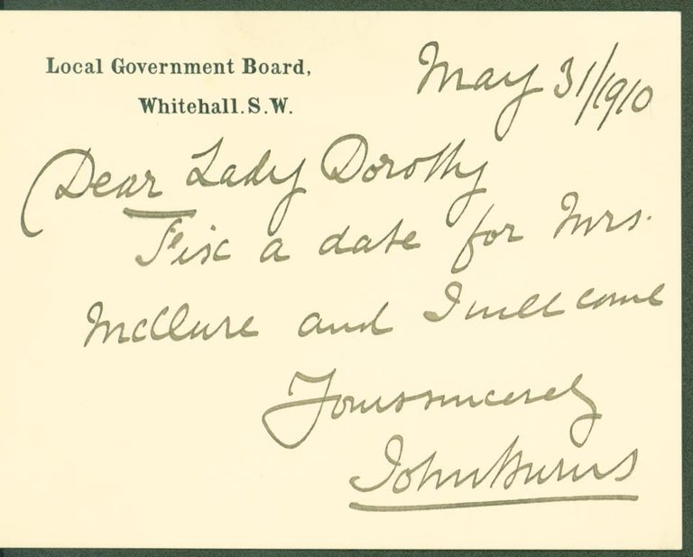 Item #290545 Autograph note signed. John to Lady Dorothy Nevill Burns.