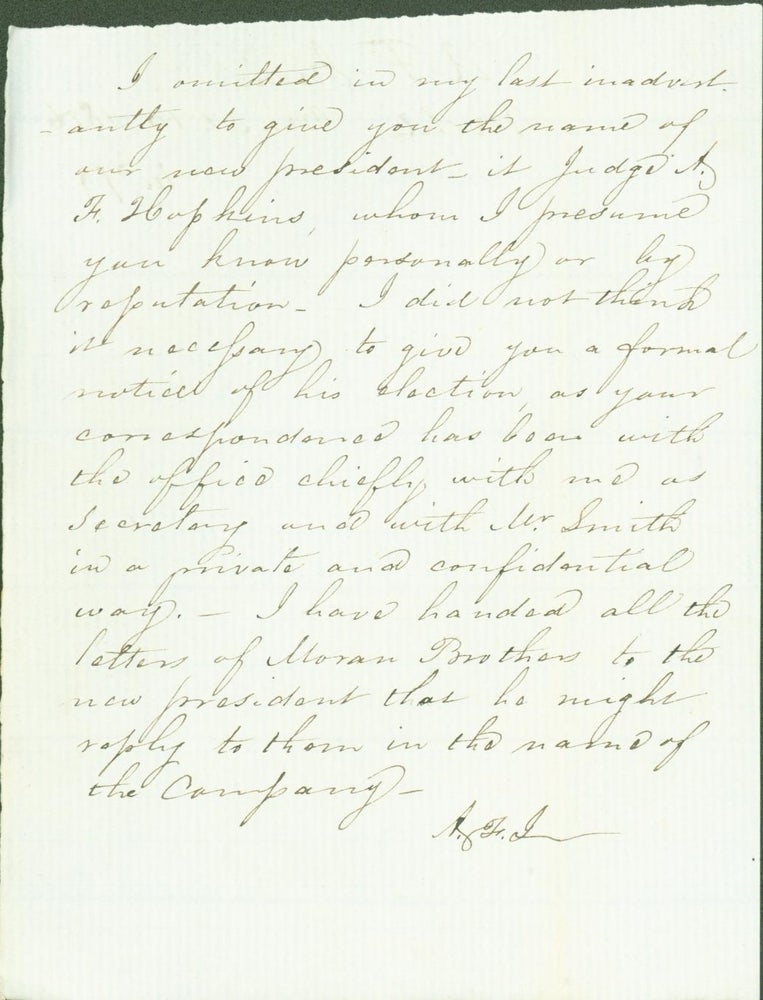 Item #290577 Autograph letter signed. A. F. . Mobile Irwin, Ohio Rail Road Company, secretary.