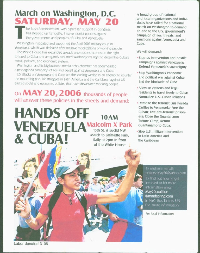 Item #290659 March on Washington, D.C., Saturday, May 20 (2006) Hands off Venezuela and Cuba; Marcha en Washington Sabado 20 de Mayo (2006) !Manos Fuera de Venezuela y Cuba (2 posters, 1 in english, the other in Spanish). May20coalition.