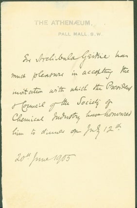 Item #290661 Autograph letter signed. Archibald Geikie, to President, Council of the Society of...