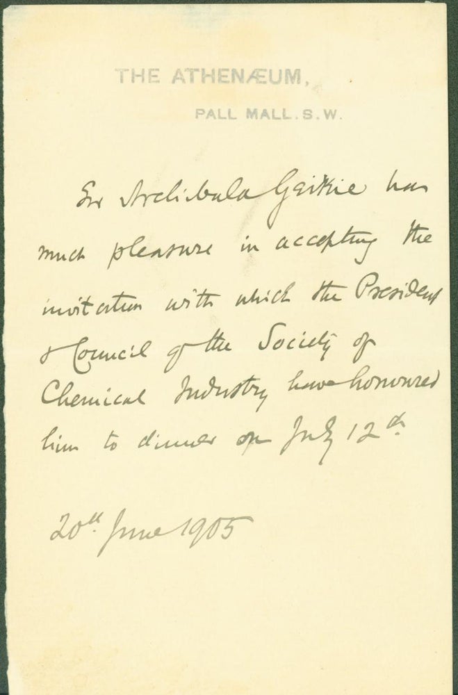 Item #290661 Autograph letter signed. Archibald Geikie, to President, Council of the Society of Chemical Industry.
