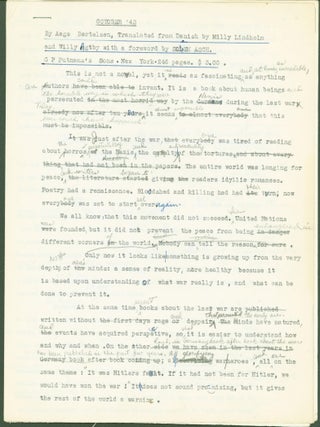 Item #290662 October '43 (4-page typed book review, hand-corrected by Peter Freuchen); typed...