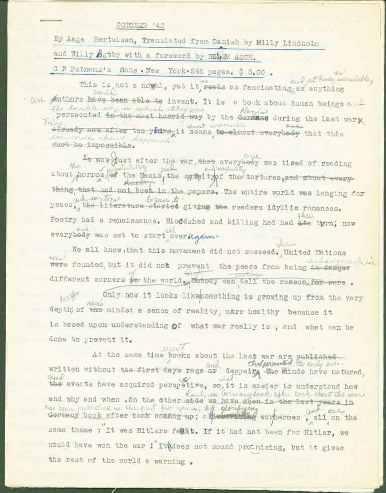 Item #290662 October '43 (4-page typed book review, hand-corrected by Peter Freuchen); typed transcript with hand-corrections for 'Continuity from Broadcast Music Inc., Number BP-204, 1955; 'The Book Parade' from 'Continuity from Broadcast Music, Inc' .'October '43' by Aage Bertelsen. Guest Reviwer - Peter Freuchen, Number: BP-204. Time 14:30, 3 pages, 5 leaves (3 copies) (5 items). Peter. Aage Bertelsen Freuchen.