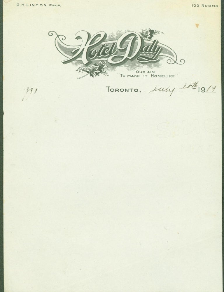 Item #291282 Hotel Daly. Our aim 'To Make it Homelike' (billhead). G. H. Linton, prop.