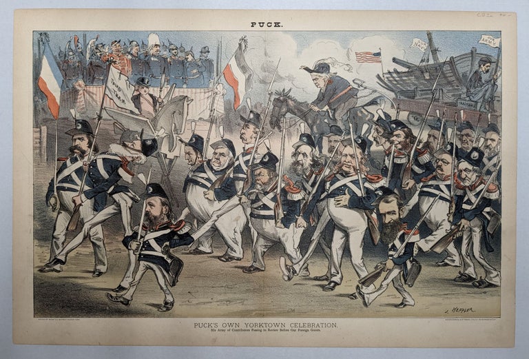 Item #292038 Puck's Own Yorktown Celebration. His Army of Contributors Passing in Review Before Our Foreign Guests (color lithograph print) (Puck, October 19, 1881). Joseph Keppler, Puck.