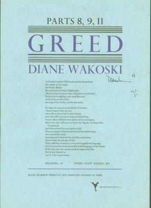 Item #294417 Greed: Parts 8, 9, 10 (broadside/flyer no. 6). Diane Wakoski
