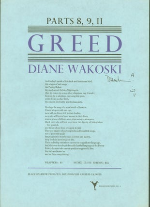 Item #294417 Greed: Parts 8, 9, 10 (broadside/flyer no. 6). Diane Wakoski