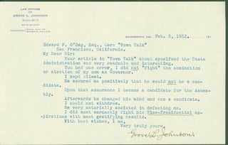 Item #294430 typed letter signed from Grove L. Johnson to Edward F. O'Day. Grove L. Johnson