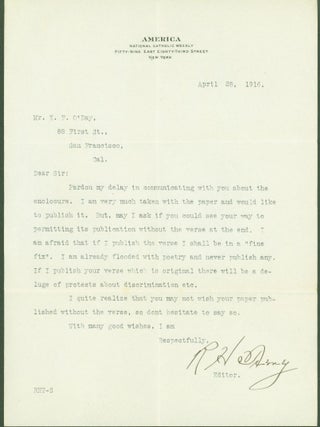 Item #294447 typed letter signed from Richard H. Tierney (editor of America: National Catholic...