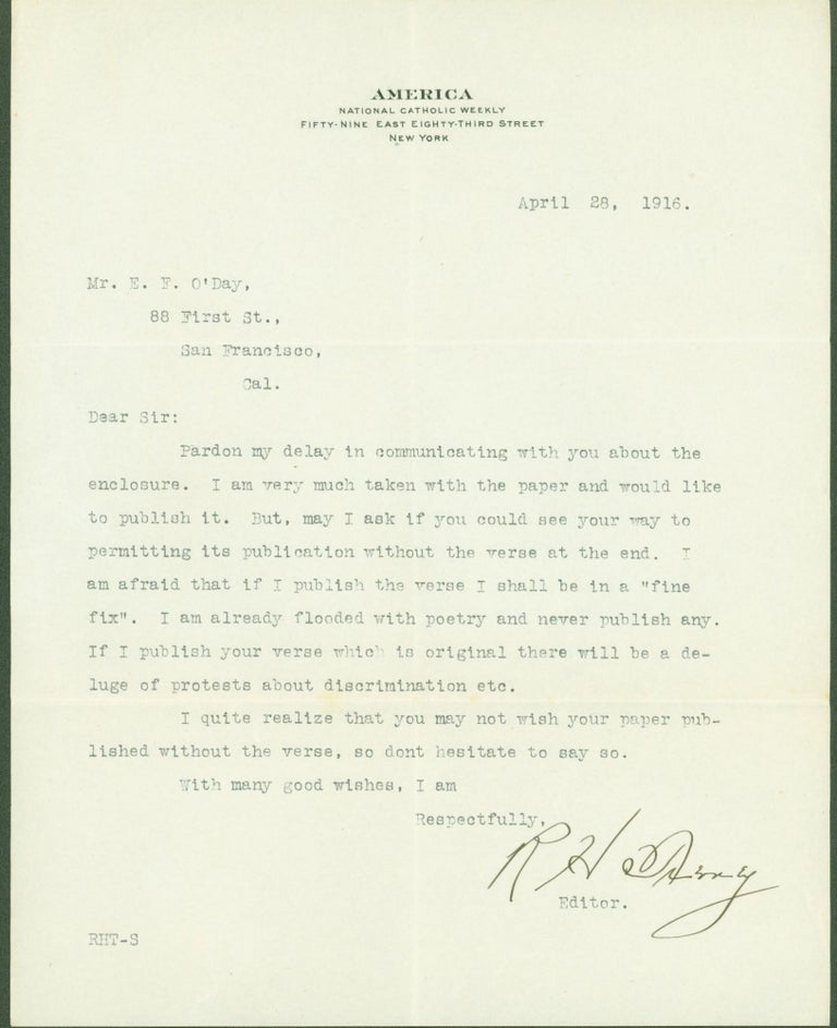 Item #294447 typed letter signed from Richard H. Tierney (editor of America: National Catholic Weekly) to Edward F. O'Day. Richard H. Edward F. O'Day Tierney.