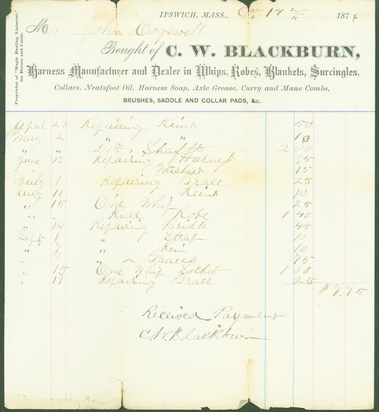Item #294460 C. W. Blackburn, Harness Manufacturer and Dealer in Whips, Robes, Blankets, etc. (billhead). C. W. Blackburn.