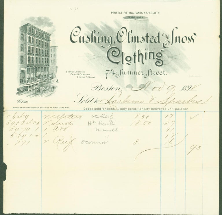 Item #294462 Cushing, Olmsted and Snow Clothing (billhead). Olmsted Cushing, Snoss' Clothing.