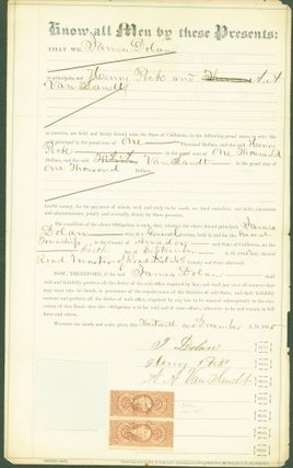 Item #294626 Amador County. Officer's Bond. 1865. James Dolan, Henry Peck, A. A. Van Sandt