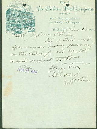 Item #294651 The Stockton Mail Company (billhead). The Stockton Mail Company