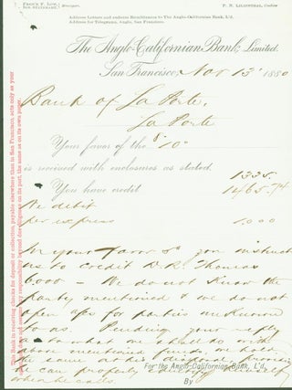 Item #294652 The Anglo-California Bank, Limited (billhead, 1880). Limited The Anglo-California Bank