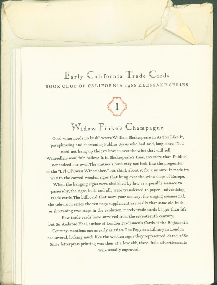 Item #294895 Early California Trade Cards Book Club of California (Keepsake 1966). Margot Patterson Doss, John A. Hussey.