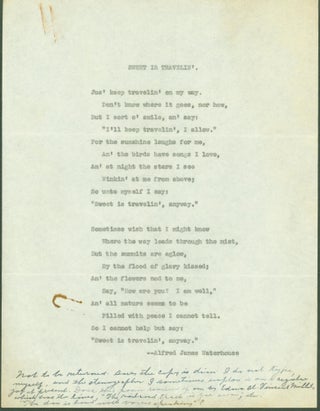 Item #294948 Sweet is Travellin' (typed broadside poem). Alfred James Waterhouse