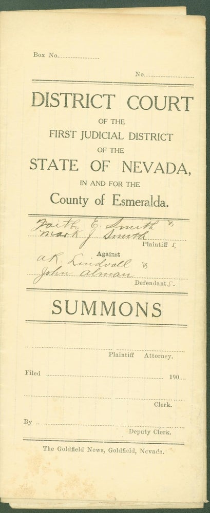 Item #295055 District Court of the First Judicial District of the State of Nevada, in and for the County of Esmeralda. Summons (February 29, 1908). Faith E. Smith, Mark J. Smith, A. R. Lindvall, John Alman, plaintiffs, defendants.